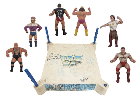 Lot of (50+) WWF Signed Wrestling Figures With Multi Signed Ring Including Hulk Hogan, Randy Savage, Roddy Piper, Harley Race & Bruno Sammartino (JSA Auction LOA)